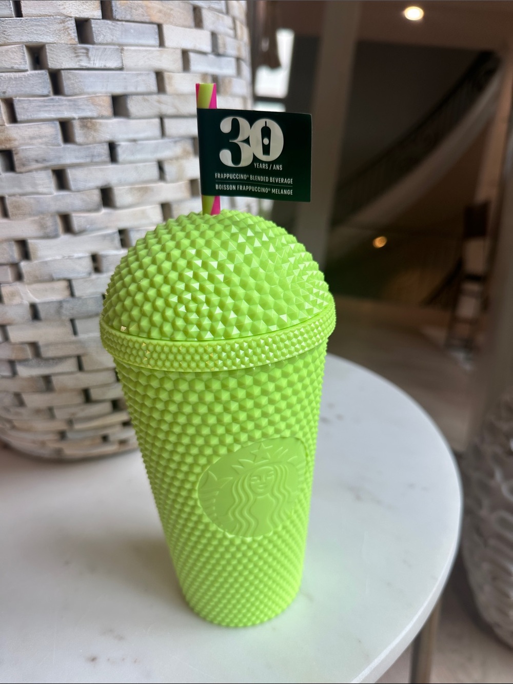 Starbucks Neon Lime Studded Cup with 30th Anniversary Flag